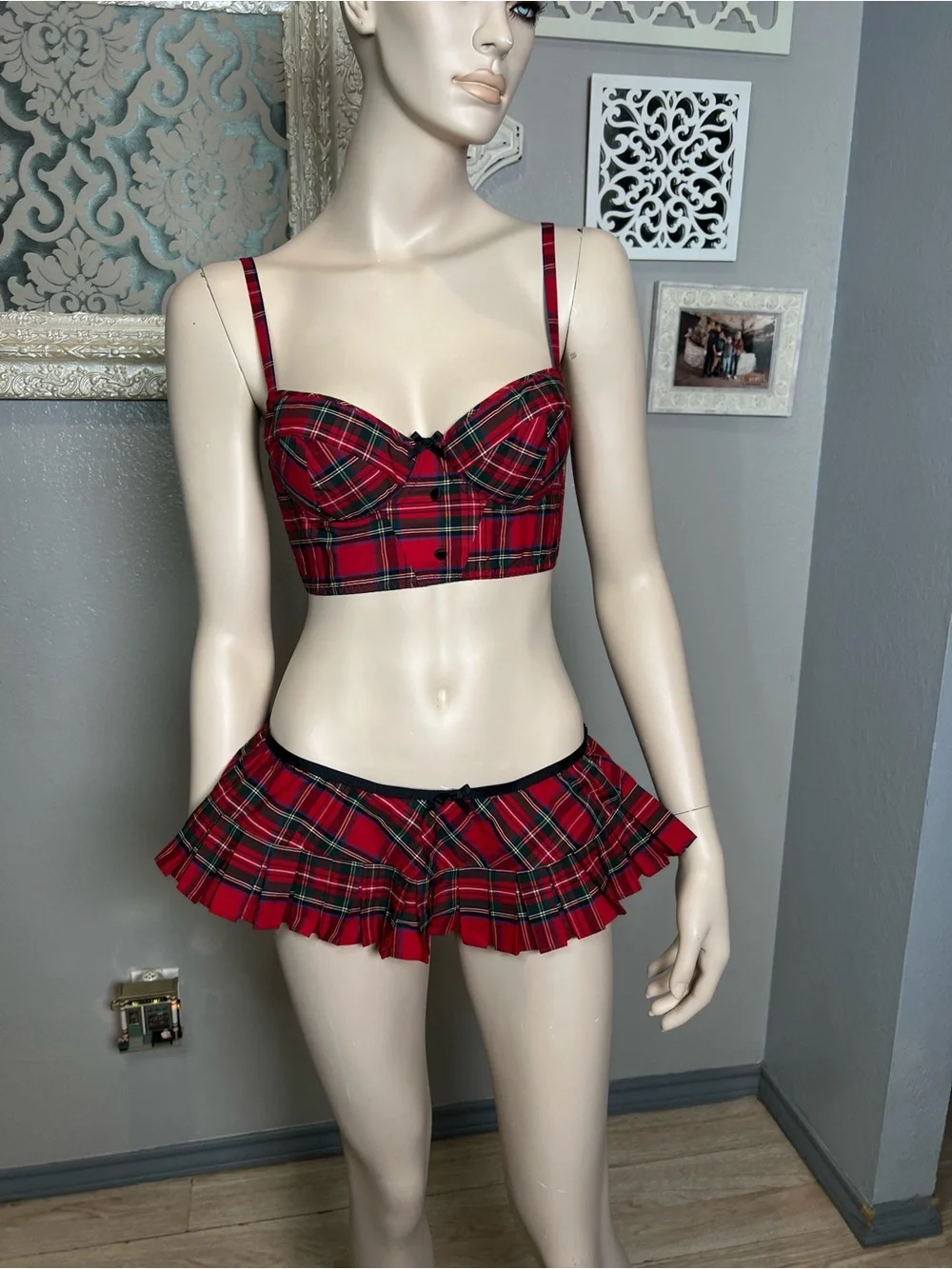 Frederick's of Hollywood Red Plaid Bustier Crop Top & Pleated Mini Skirt Set